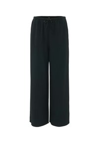 Zwarte wijde broek met een textuur en geribbelde stof. Voorzien van een elastische tailleband met een trekkoord voor een verstelbare pasvorm.