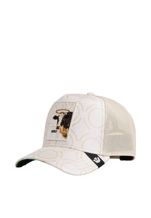 Gorra de béisbol de malla beige con patrón circular, que presenta un parche bordado de una vaca con un halo y la palabra "HOLY" en el panel frontal.