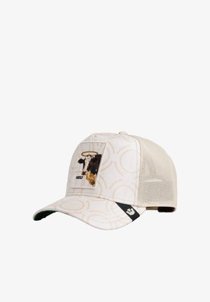 Gorra de béisbol de malla beige con patrón circular, que presenta un parche bordado de una vaca con un halo y la palabra "HOLY" en el panel frontal.