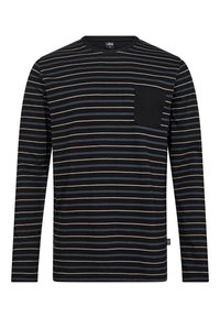 Langærmet stribet T-shirt i sort, med tynde blå og beige striber, rund hals og en sort brystlomme. Blød stoftekstur.