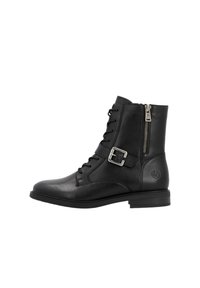 Schwarze Leder-Ankle-Boots mit Schnürung und seitlichem Reißverschluss. Verfügt über eine dekorative Schnalle und eine strukturierte Oberfläche. Flache Gummisohle. Lässiges Design.
