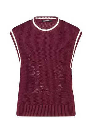 Mouwloos gebreid vest in donkerrood met witte rand rond de armsgaten en kraag, met een gestructureerd patroon, geribbelde zoom, maat small label.