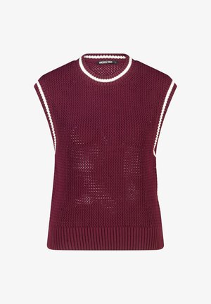 Mouwloos gebreid vest in donkerrood met witte rand rond de armsgaten en kraag, met een gestructureerd patroon, geribbelde zoom, maat small label.