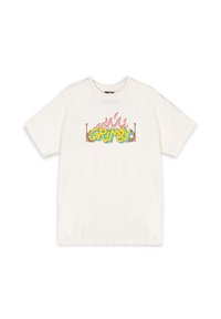 Camiseta de algodón en color blanco roto con escote redondeado. Presenta un gráfico colorido de "GRIMY" con llamas, impreso en el centro. Mangas cortas.