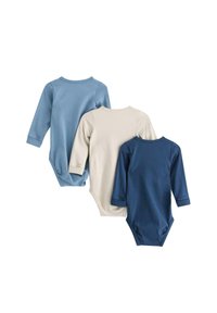 Drei langärmelige Babybodys in Blau, Beige und Dunkelblau. Sie bestehen aus glattem Baumwollstoff und haben Druckknöpfe am unteren Ende.