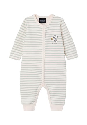Baby romper with gray and white stripes, long sleeves, snap buttons, and Snoopy and Woodstock embroidered on the chest.