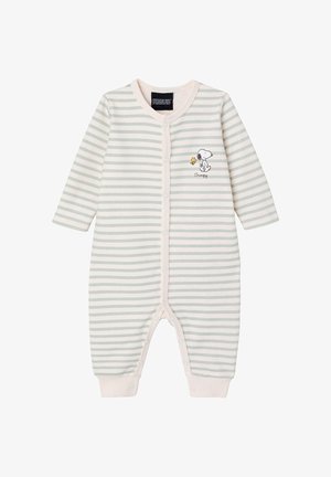 Baby-Strampler mit grau-weißen Streifen, langen Ärmeln, Druckknöpfen und besticktem Snoopy und Woodstock auf der Brust.