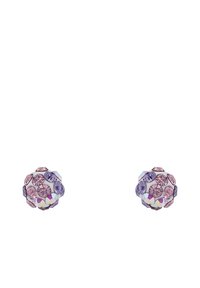 Runde Ohrringe, verziert mit verschiedenen geschliffenen Kristallen in rosa und lila Tönen, mit einer glanzvollen Oberfläche und strukturiertem Finish.