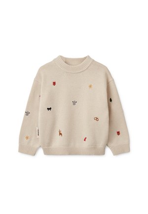 Beżowy sweter z dzianiny z małymi haftowanymi motywami świątecznymi, w tym z reniferem, czerwoną kokardą, gwiazdą, liśćmi i żołędziami, z długimi rękawami i ściągaczami.