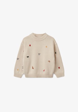 Beiger Strickpullover mit kleinen bestickten Feiertagsmotiven, darunter ein Rentier, rote Schleife, Stern, Blätter und Eicheln, lange Ärmel und gerippte Bündchen.