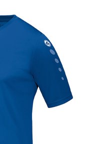 Blue short-sleeve shirt made of smooth fabric. Features a round neck, a logo on the shoulder, and a dotted pattern along the sleeve.