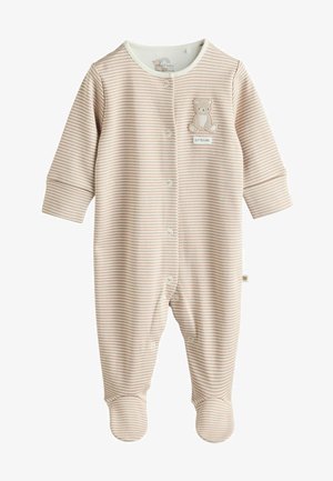 Juostuotas kūdikių bodysuit bežinė ir švelniai rožinė spalvomis, su ilgomis rankovėmis, kojomis su pėdais, priekyje užtrauktukais ir liemenyje meškiuko aplikacija.