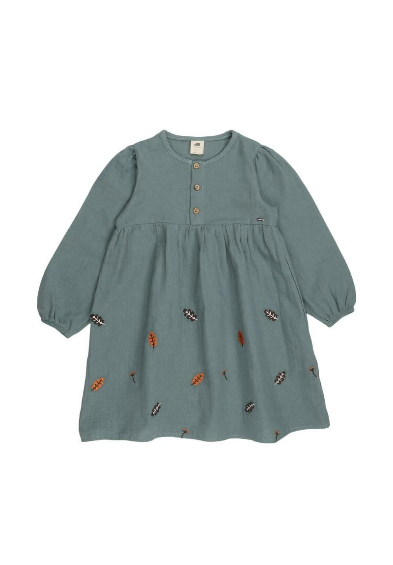 Long-sleeve dress in textured, muted teal fabric with a buttoned neckline. Features colorful leaf embroidery and a gathered waist.