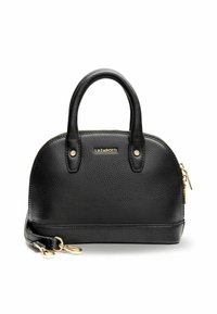 Borsa a mano in pelle nera con finitura testurizzata, forma arrotondata, doppio manico superiore, dettagli in acciaio dorato e tracolla staccabile.