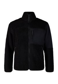 Czarna polarowa kurtka z zamkiem z przodu, teksturowanym korpusem, gładkimi rękawami, zapinanymi na zamek kieszeniami oraz kontrastowymi matowymi elementami.