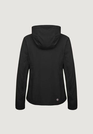 Czarna kurtka z kapturem i długimi rękawami, z widocznymi liniami szwów oraz małym okrągłym logo blisko dolnego brzegu na plecach.