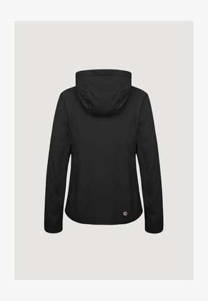 Giacca nera con cappuccio e maniche lunghe, con cuciture visibili e un piccolo logo circolare vicino all'orlo inferiore sul retro.