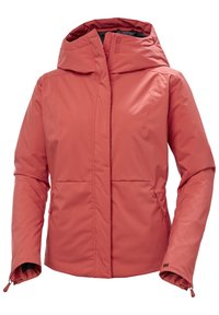 Rote isolierte Jacke mit Kapuze, ausgestattet mit einem Reißverschluss auf der Vorderseite und zwei Seitentaschen. Glatte Textur und taillierte Passform, mit sichtbarem Markenaufdruck.