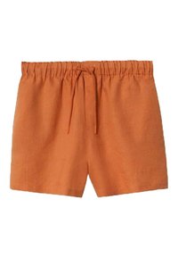 Shorts orange à taille élastique avec cordon, en tissu léger, présentés sur fond blanc.