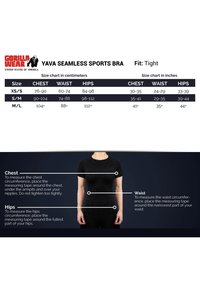 Zwarte naadloze sportbeha maat tabel met maten in centimeters en inches voor XS/S, S/M en M/L. Inclusief meetinstructies voor borst, taille en heupen.