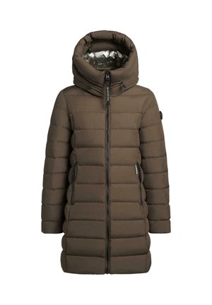 Padded coat v olivovej zelenej farbe, s vysokým golierom, zipsom na zapínanie a bočnými vreckami. Vonkajší materiál je hladký s lesklou striebornou podšívkou.