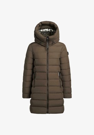 Manteau rembourré en vert olive, avec un col haut, fermeture éclair et poches latérales. Le matériau extérieur est lisse et possède une doublure argentée brillante.