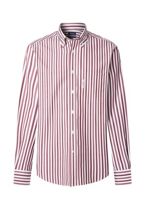 Koszula z długim rękawem, zapinana na guziki, w czerwono-białe pionowe paski, z kołnierzykiem, pojedynczą kieszenią na piersi oraz kontrastowymi paskami na mankietach.
