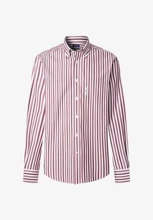 Langsleeve overhemd met rode en witte verticale strepen, voorzien van een kraag, een enkele borstzak en contrasterende gestreepte mouwen.