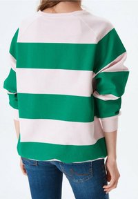 Sudadera a rayas verde y rosa con cuello redondo y mangas raglán. Textura suave con puños y dobladillo acanalados.