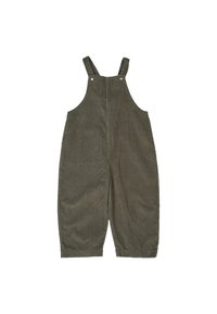 Salopette in velluto a coste verde oliva, con bretelle regolabili, scollatura tonda e design a gamba larga. Tessuto liscio senza motivi.