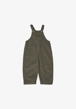 Olivengrøn fløjlsbuksedragt med justerbare stropper, rundet halsudskæring og vidbenet design. Glat tekstur uden mønstre.