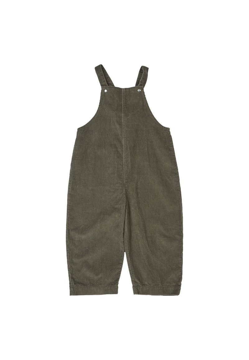 Salopette in velluto a coste verde oliva, con bretelle regolabili, scollatura tonda e design a gamba larga. Tessuto liscio senza motivi.