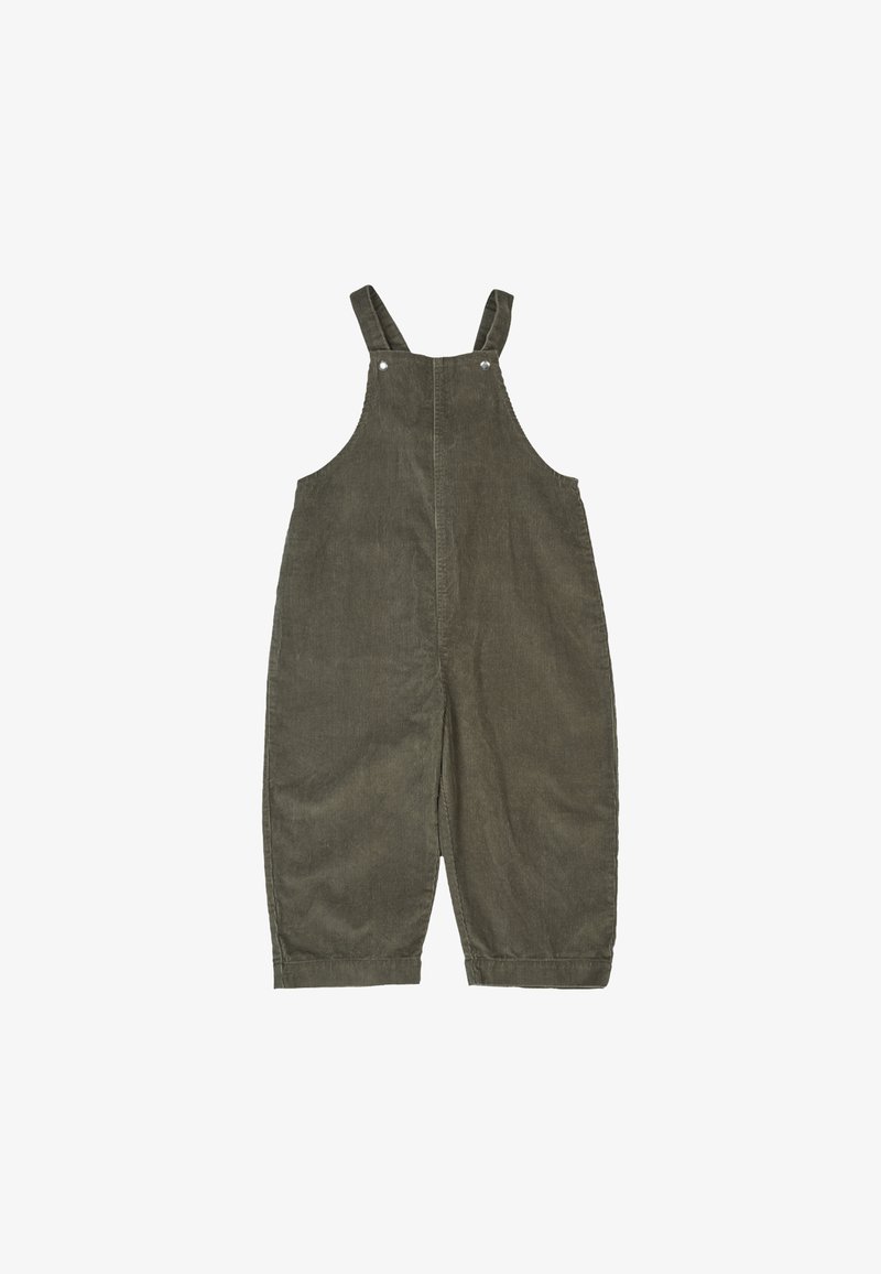 Salopette in velluto a coste verde oliva, con bretelle regolabili, scollatura tonda e design a gamba larga. Tessuto liscio senza motivi.