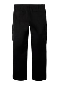 Svarte cargobukser laget av et slitesterkt stoff. Har flere sidelommer, en avslappet passform og et rett ben design.