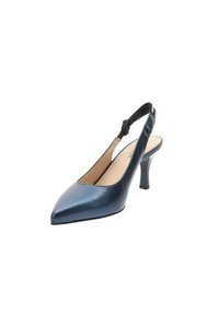 Escarpin à dos nu en cuir bleu marine, avec un bout pointu et un talon carré de 5 cm. Présente une doublure intérieure douce et une silhouette élégante.