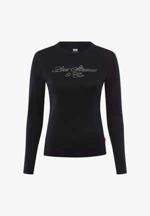 Czarna koszula z długim rękawem wykonana z miękkiego materiału, z logo "Levi Strauss & Co." z kryształków w centrum oraz małą czerwoną metką przy dolnym brzegu.