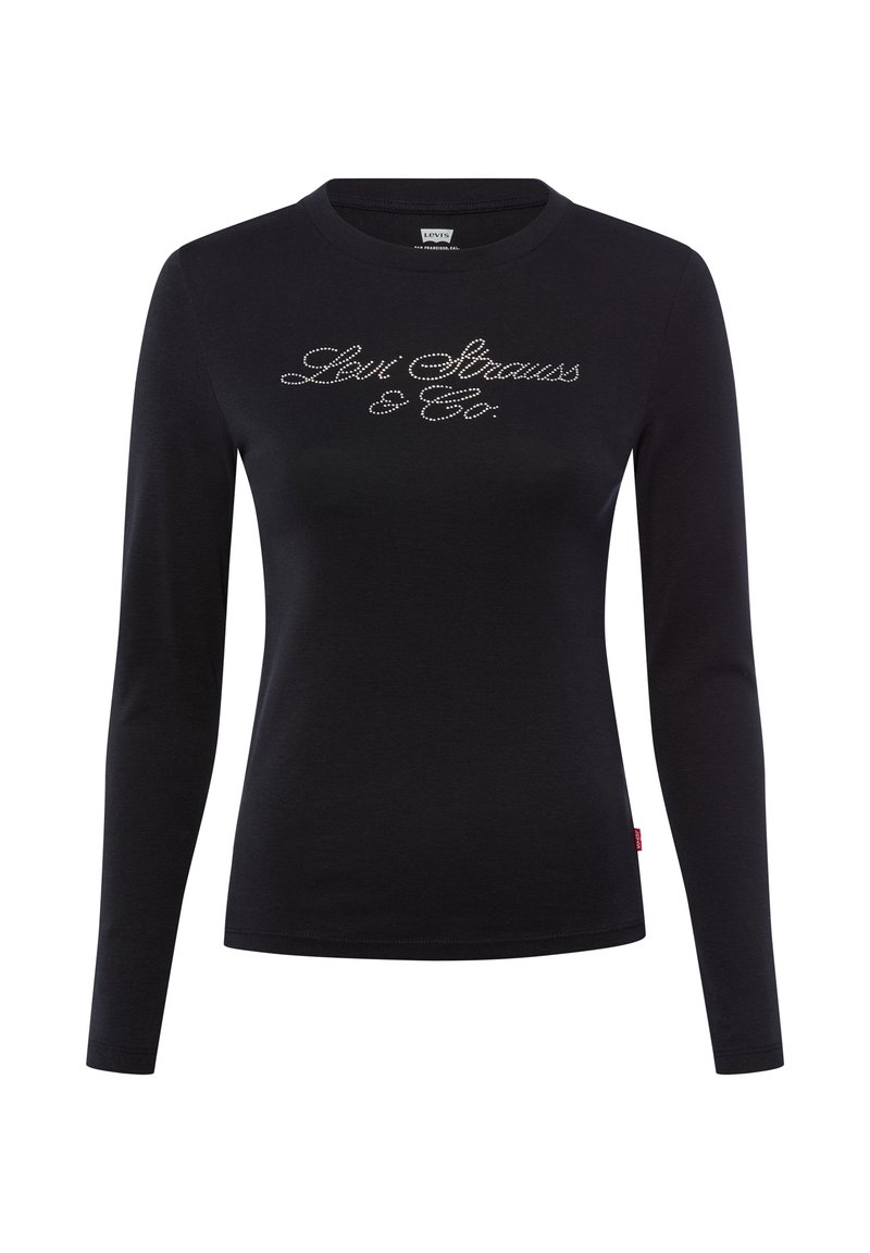 Czarna koszula z długim rękawem wykonana z miękkiego materiału, z logo "Levi Strauss & Co." z kryształków w centrum oraz małą czerwoną metką przy dolnym brzegu.