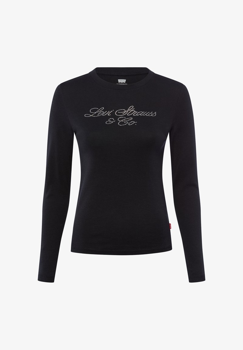 Czarna koszula z długim rękawem wykonana z miękkiego materiału, z logo "Levi Strauss & Co." z kryształków w centrum oraz małą czerwoną metką przy dolnym brzegu.
