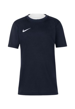 Almindelig sort atletisk T-shirt med korte ærmer, rund hals og lille hvid Nike swoosh-logo på højre bryst.