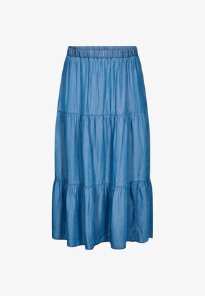 Falda de mezclilla en azul claro con cintura elástica. Presenta tres volantes fruncidos para un diseño fluido. Tejido suave y ligero.
