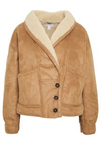 Tan faux-suede jacka med dubbelknäppt design, fårskinnskrage och tre mörka knappar fram. Har sidofickor.