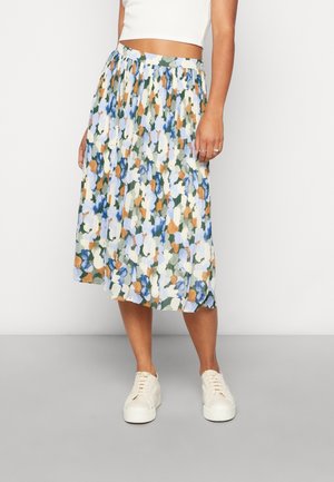 Plisseret midinederdel i et let stof med et blomsterprint i blå, orange og grøn. Afsluttet med elastisk taljebånd.