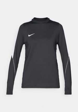 T-shirt de sport noir à manches longues avec des bandes blanches sur les côtés, encolure ronde et logo Nike sur la poitrine gauche. Fabriqué en matériau respirant.