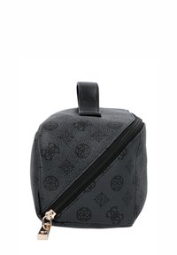 Bolsa de cosméticos texturizada en gris con forma rectangular, que presenta una cremallera negra y un asa superior en forma de lazo para facilitar su transporte. Patrón sutil con el logo.