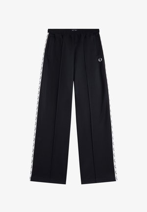 Pantalon de survêtement noir à jambes larges avec des bandes blanches sur les côtés ornées de couronnes de laurier noires répétées et un logo de couronne de laurier brodé sur la cuisse.