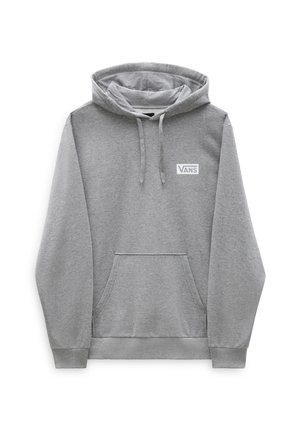 Grauer Vans Hoodie mit Vorderentasche, Kordelzugkapuze und kleinem Vans-Logo auf der linken Brust, dargestellt auf weißem Hintergrund.