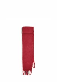 Sciarpa rossa in lana con una texture liscia, estremità frangiate e forma rettangolare con una parte piegata nella parte superiore.