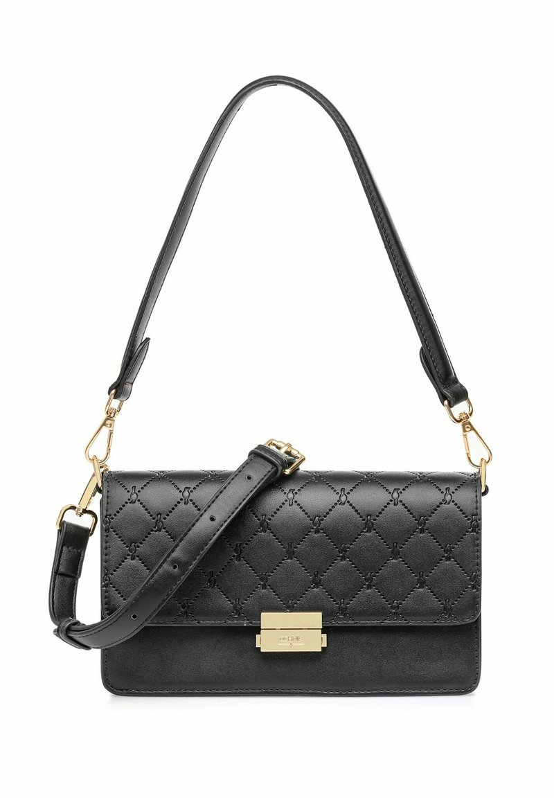 Czarna skórzana torebka z pikowanym wzorem, złotymi akcentami, odpinanym paskiem, prostokątnym kształtem i gładkim wykończeniem.
