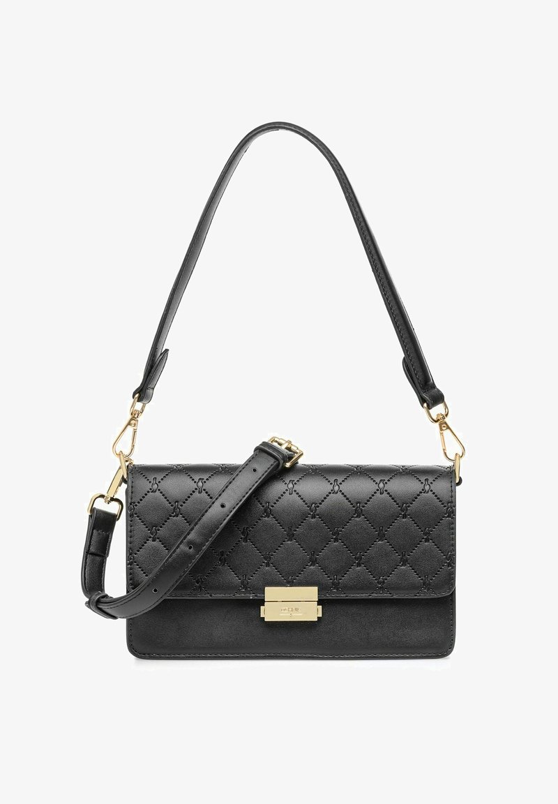 Czarna skórzana torebka z pikowanym wzorem, złotymi akcentami, odpinanym paskiem, prostokątnym kształtem i gładkim wykończeniem.