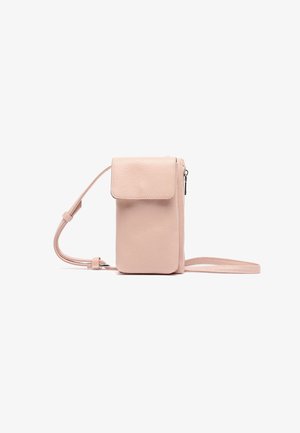 Pink leather crossbody bag with a textured surface, flap closure, zipper pocket, and adjustable strap. Rectangular shape with smooth edges.